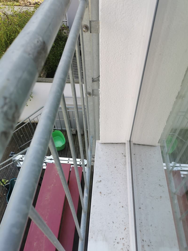 Eine Außenansicht von einem Balkon mit einem grauen Geländer und einem Fenster. Im Hintergrund sind grüne Pflanzen zu sehen.